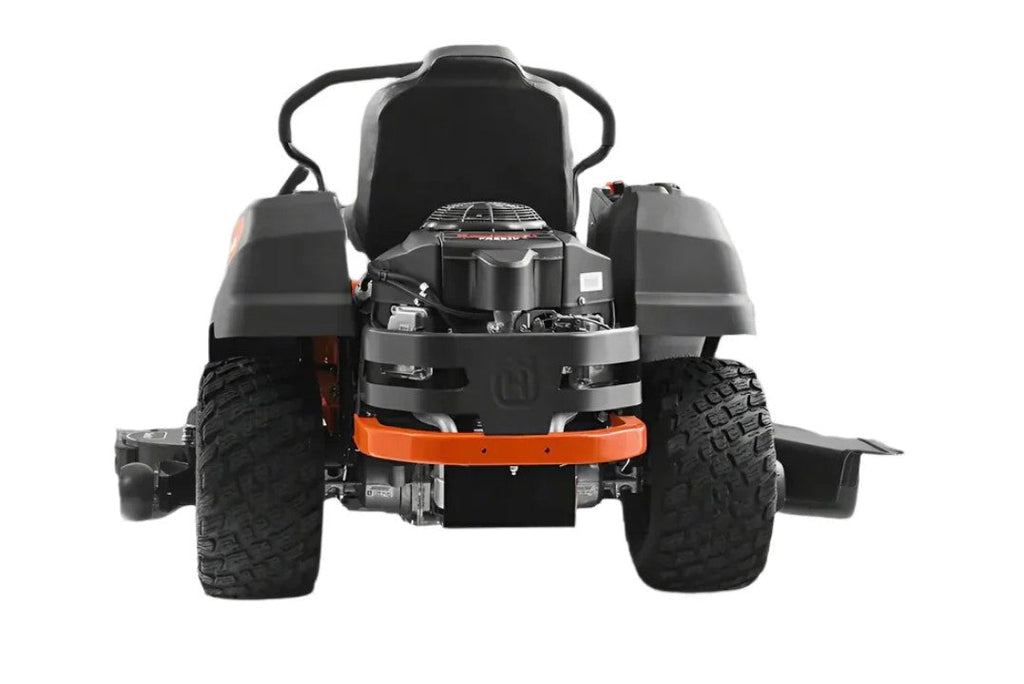 Back view of a lawn mower with visible Husqvarna branding on a white background