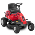 Red riding lawn mower with black seat on a white background