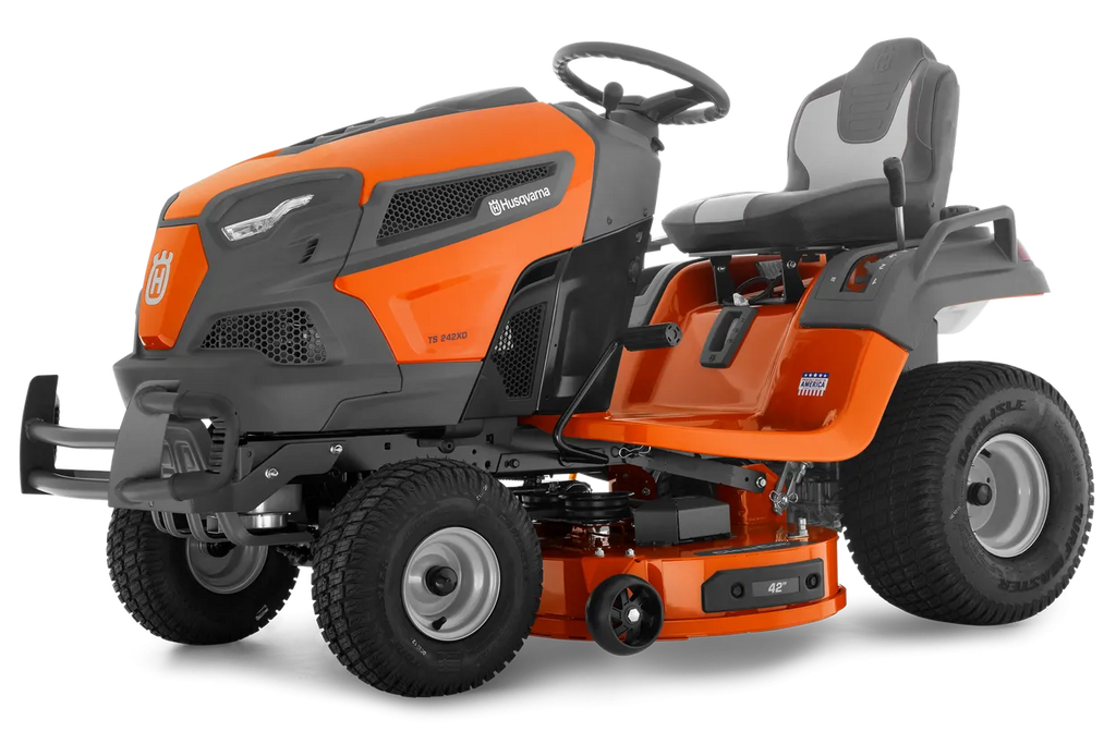 Orange and black Husqvarna riding lawn mower on a white background