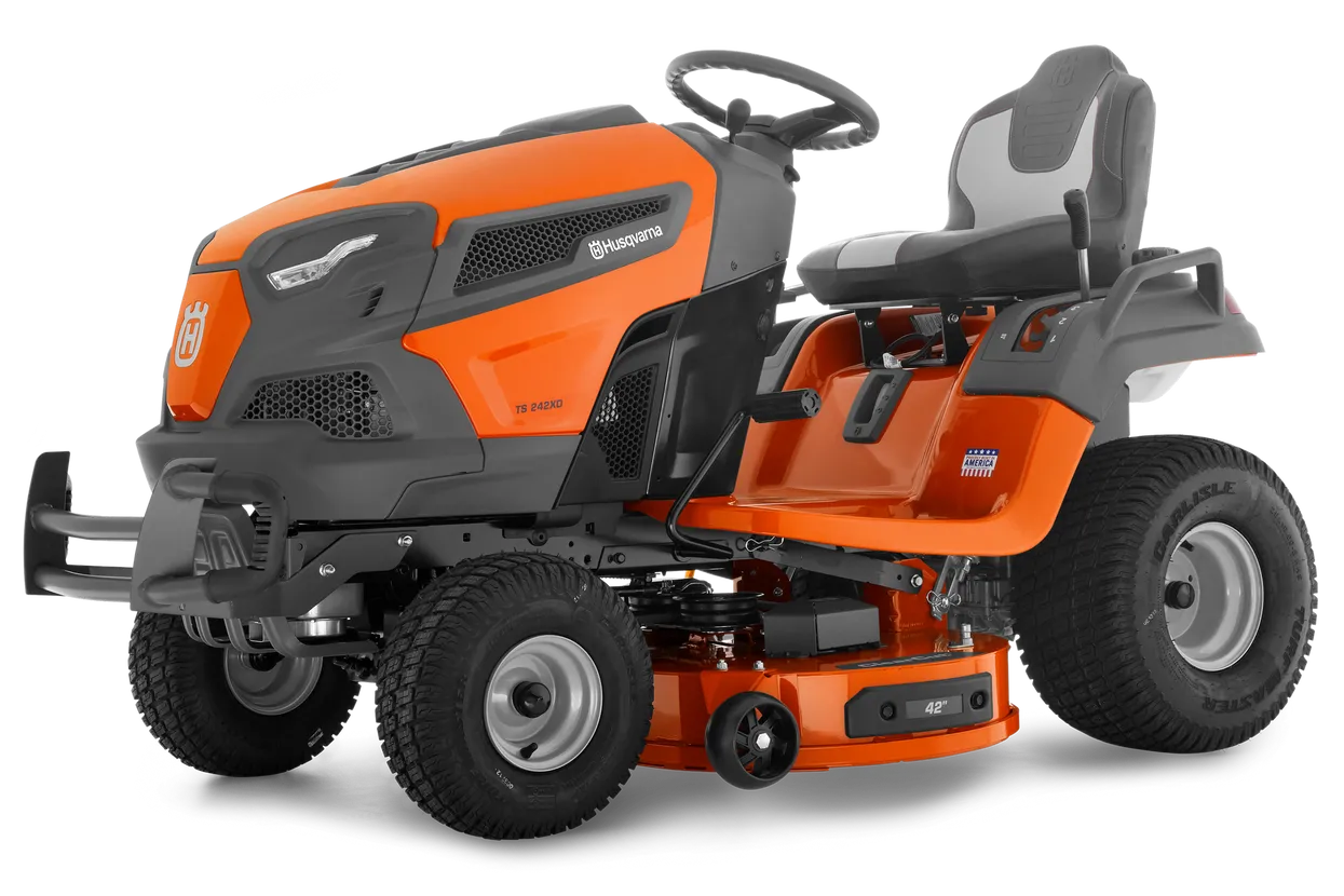 Orange and black Husqvarna riding lawn mower on a white background