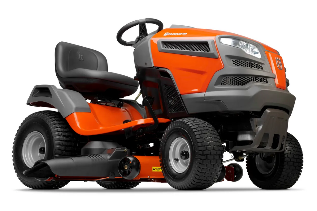 Orange and gray Husqvarna riding lawn mower on a white background