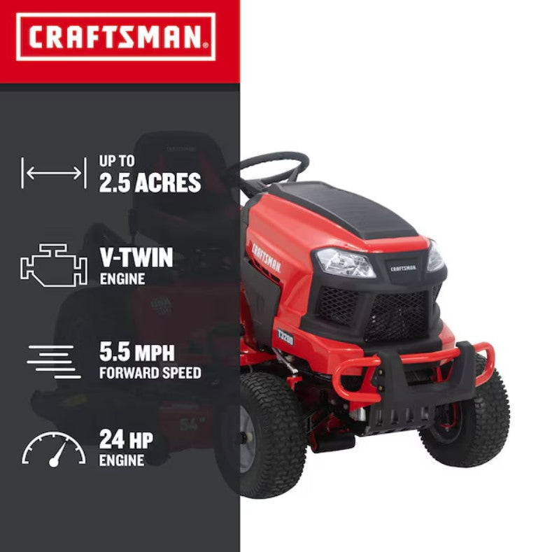 Red Craftsman riding lawn mower with specifications on a black and red background