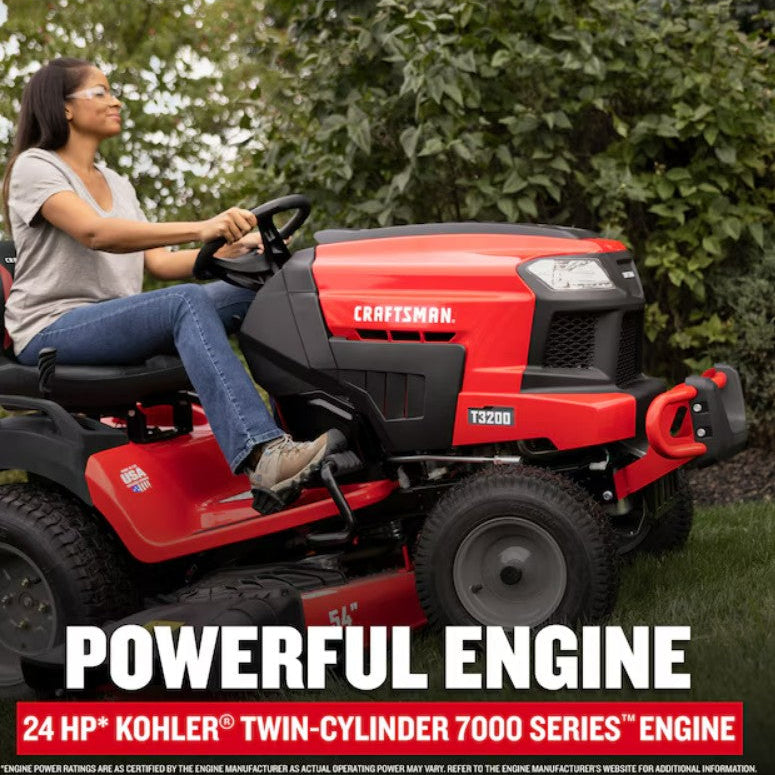 Woman operating a red Craftsman riding lawn mower with text highlighting engine specifications.