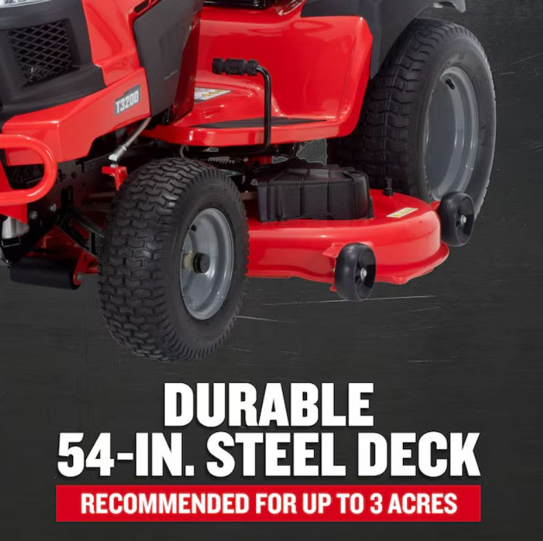 Red lawn mower with a durable 54-inch steel deck on a black background