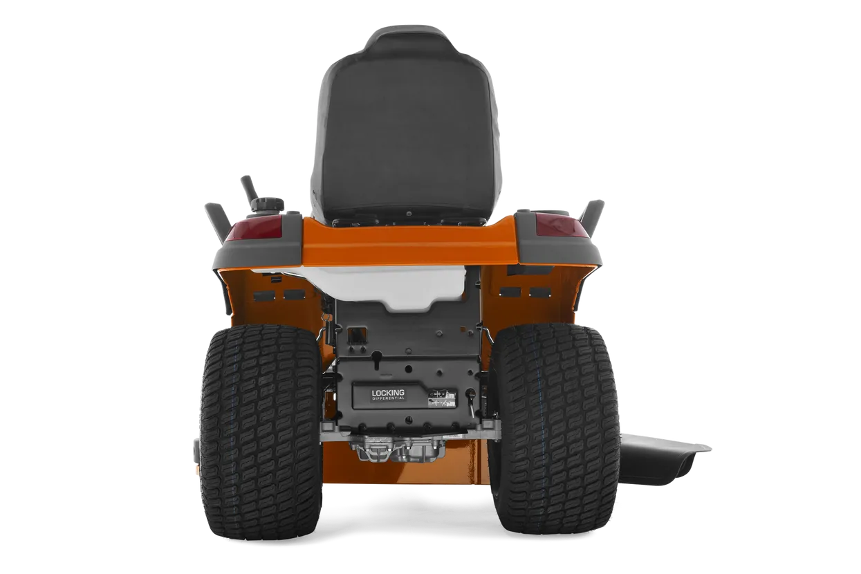 Back view of a lawn mower on a white background