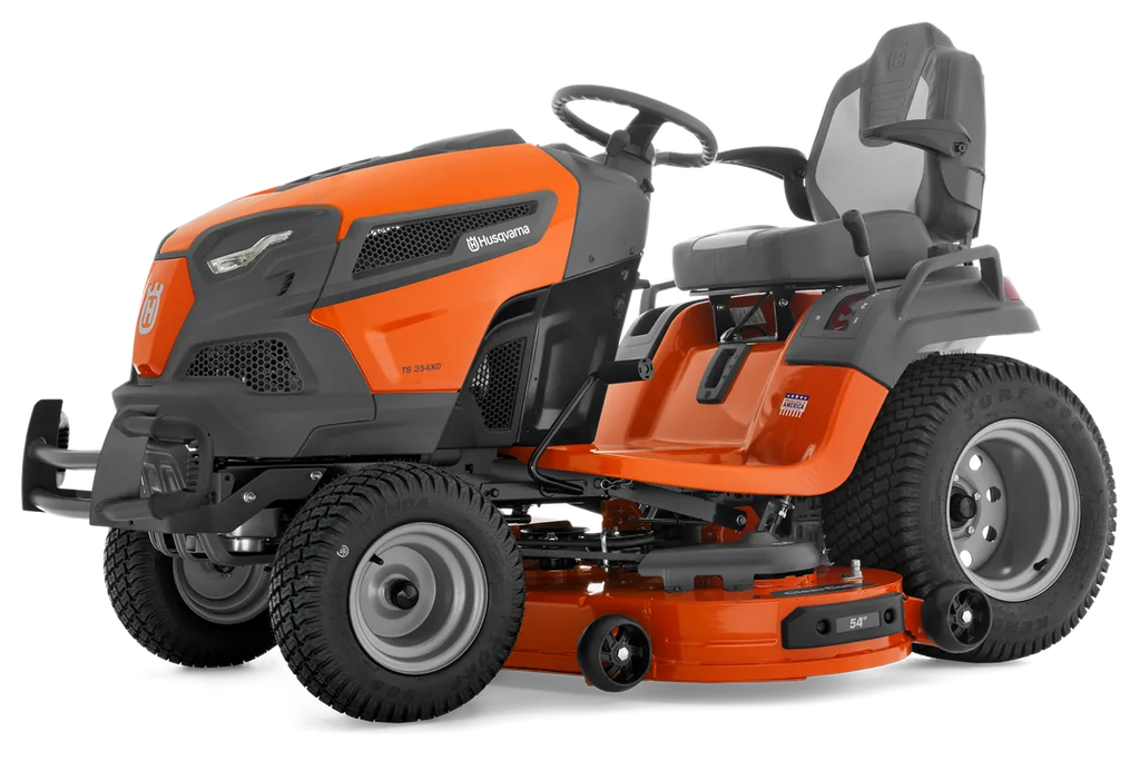 Orange and black riding lawn mower on a white background