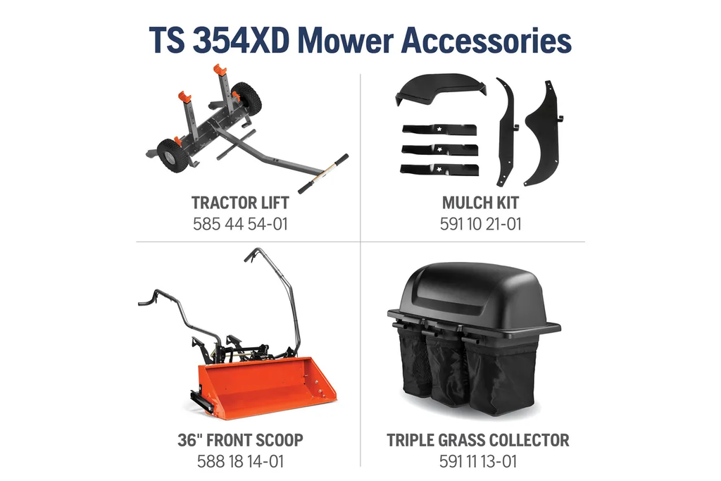 TS 354XD Mower Accessories with product names and part numbers on a white background