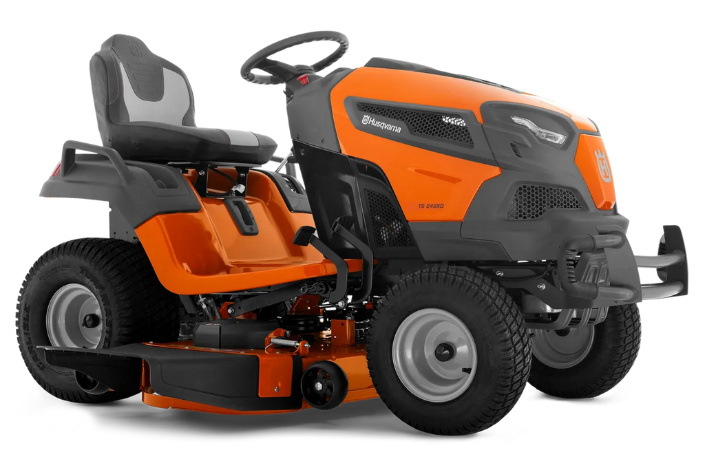Orange and black riding lawn mower on a white background
