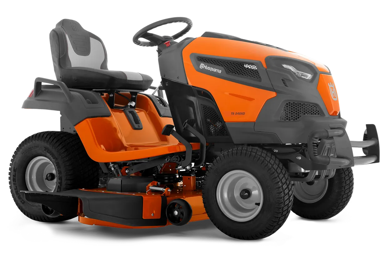 Orange and black riding lawn mower on a white background