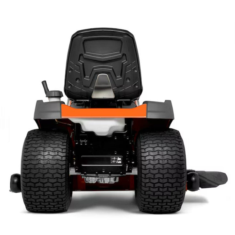 Back view of a riding lawn mower on a white background