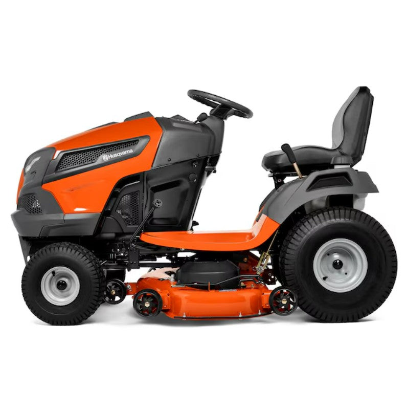 Orange and gray riding lawn mower on a white background