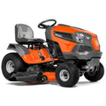 Orange and gray Husqvarna riding lawn mower on a white background