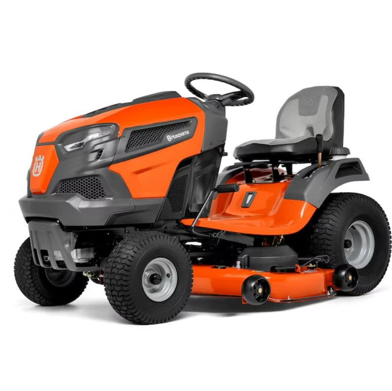 Orange and gray Husqvarna riding lawn mower on a white background