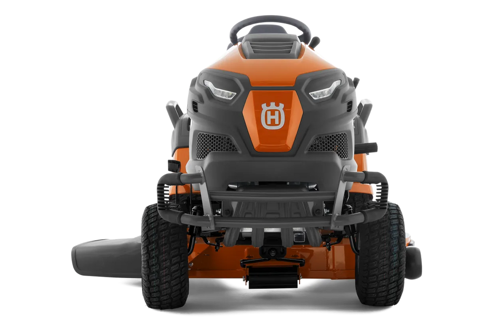 Orange and black lawn mower with Husqvarna logo on a white background