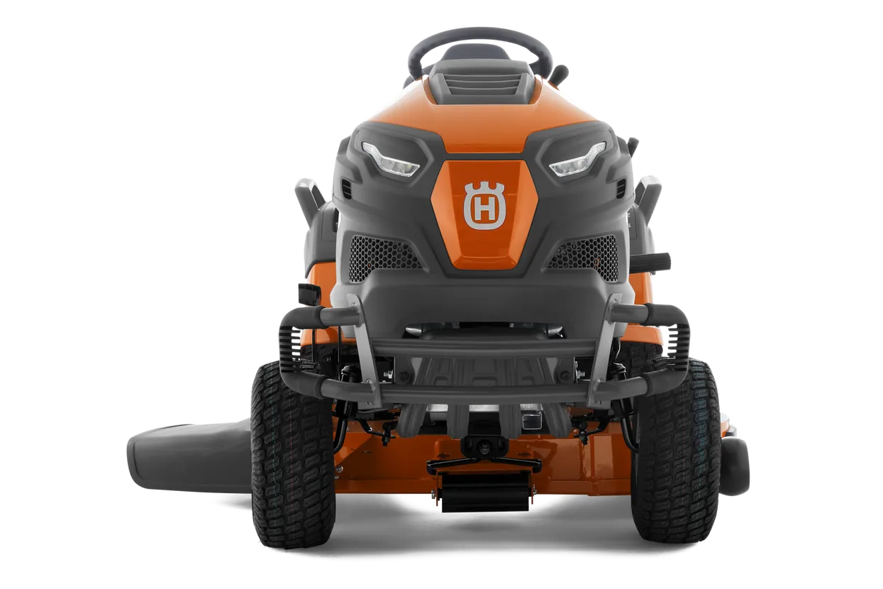 Orange and black lawn mower with Husqvarna logo on a white background