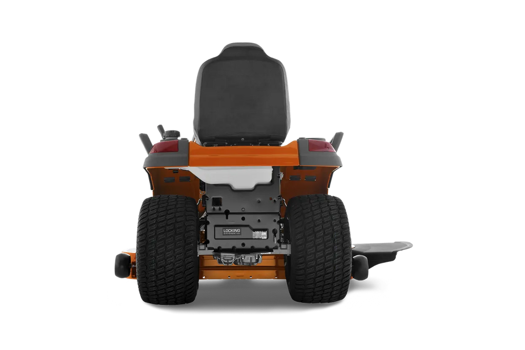 Back view of a riding lawn mower on a white background