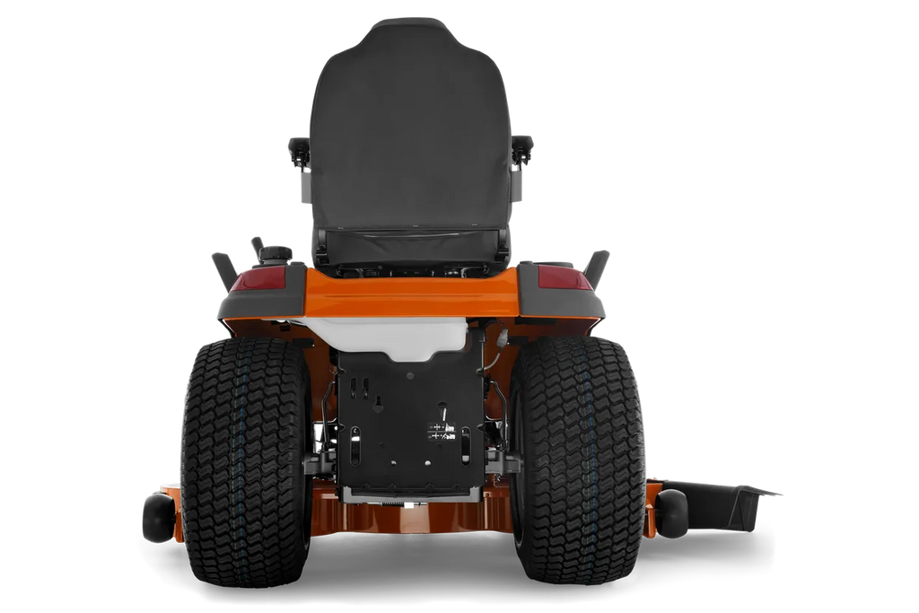 Back view of a riding lawn mower on a white background