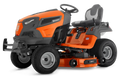Orange and black Husqvarna riding lawn mower on a white background
